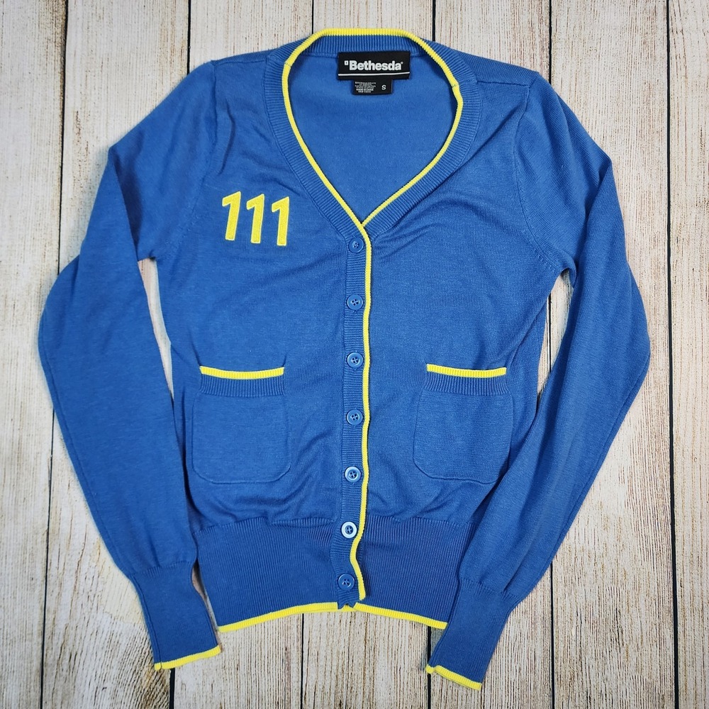 Rare Bethesda Fall Out Vault 111 Cardigan Sweater Women's Small Blue Yellow 2015